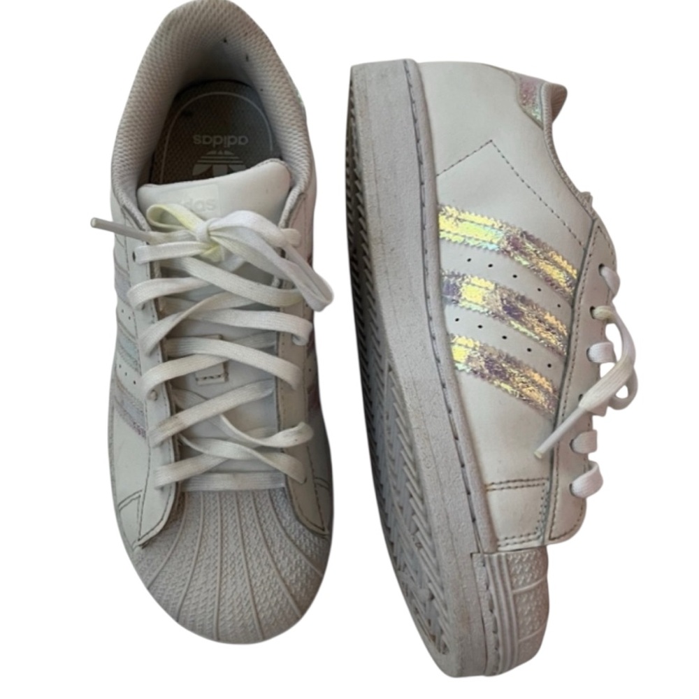 Adidas Superstar Athletic White Sneakers with Iridescent Stripes Youth Size 3